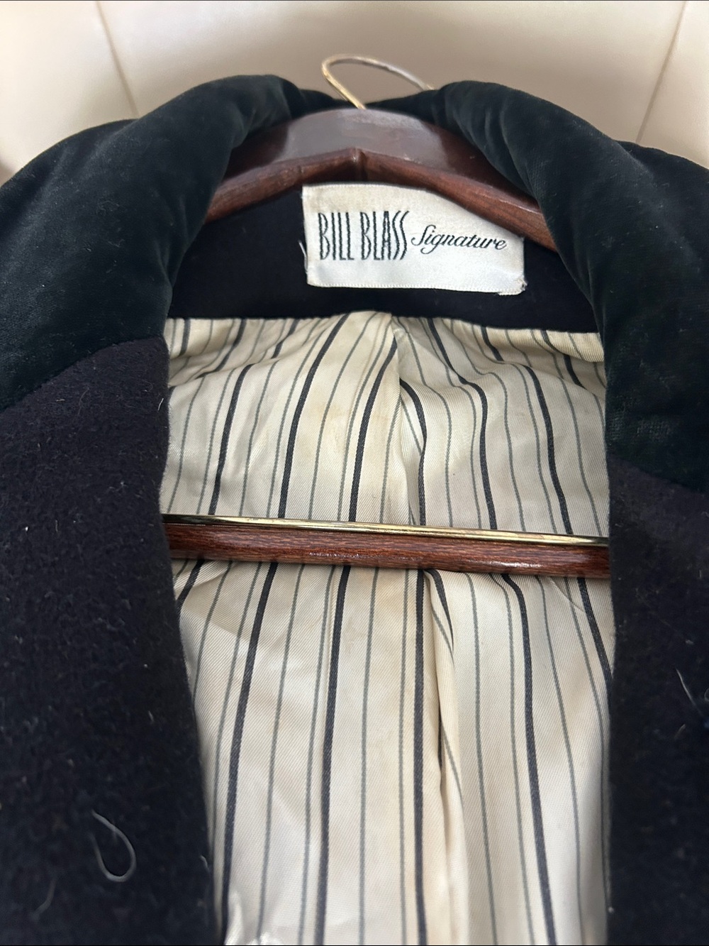 bill blass Black Coat with Cream Striped Lining